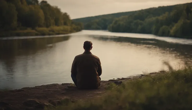 Son on the edge of the thoughtful river