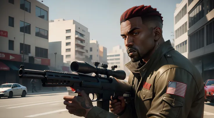 cabelo red,cabelo red,Kanye West em GTA v, Estilo GTA5, gta v personagem, empunhando fuzil de assalto,rifle in hand ,fuzil AK-47 ,gta 5 tom de pele negro,