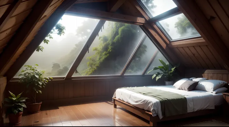 Heavy rain on attic window in a cozy room in the rainforest