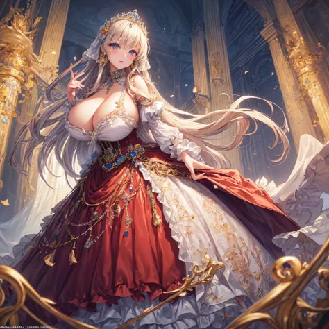 (masterpiece, best quality,extremely detailed:1.1),(moe anime art style:1.2),1girl,(full body),(((solo))), cute, kawaii,digital art,((1 bling-bling anime princess wearing beautiful embroidery and jeweled ruffled gorgeous princess ballgown with voluminous f...