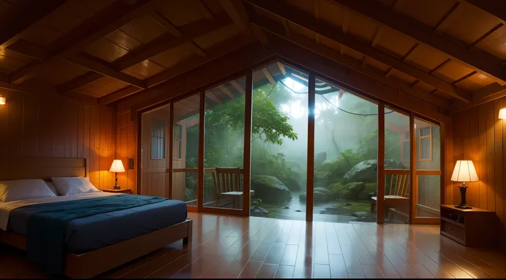 Heavy rain on the attic window in a cozy room in the rainforest at night