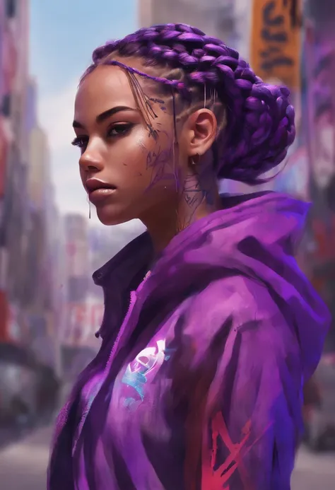 Gorgeous hyper-realistic purple-braided B-girl, brown eyes, perfect facial feature, make up, graffiti, urban style, dynamic pose, dance choreography,