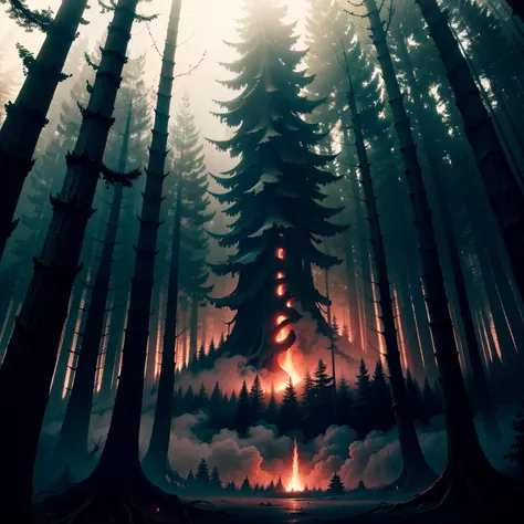 Scary forest at night with red essence lurking and over the trees with smoke and a macabre air