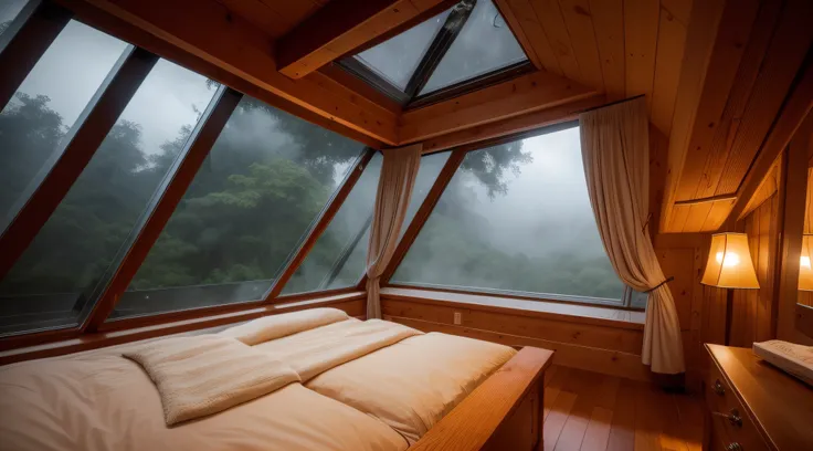 Heavy rain on the attic window in a cozy room in the rainforest at night