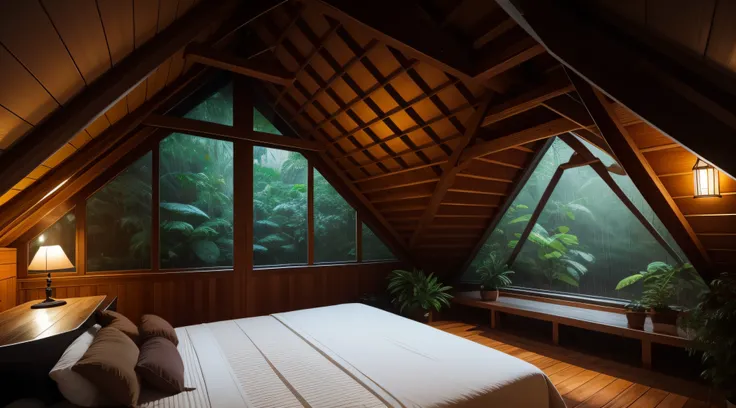 Heavy rain on the attic window in a cozy room in the rainforest at night