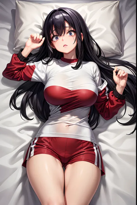 1girl, very long black hair, bangs between eyes, purple eyes, red tracksuit with white stripes, curvy, absurdres, high res, ultrasharp, 8K, looking at viewer (masterpiece), best quality, expressive eyes, perfect face, photorealistic, scared, lying on bed