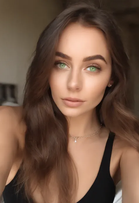 arafed woman with a white tank top and a necklace, sexy girl with green eyes, portrait sophie mudd, brown hair and large eyes, selfie of a young woman, bedroom eyes, violet myers, without makeup, natural makeup, looking directly at the camera, face with ar...