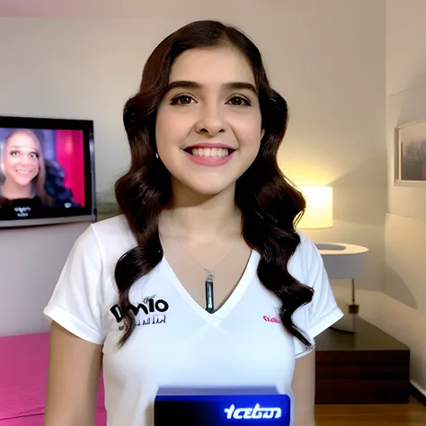 Menina no seu quarto, ela olhando para o telecpectador e o fundo atras sendo o quarto dela