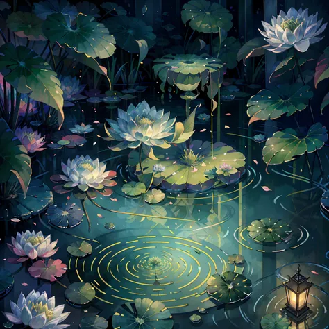 Original，（illustratio：1.1），（best qualtiy），（tmasterpiece：1.1），（the Extremely Detailed CG Unity 8K Wallpapers），（a color：1.2），water lilies，Water lily petals，scenecy，rios|Wagas, at night, lights