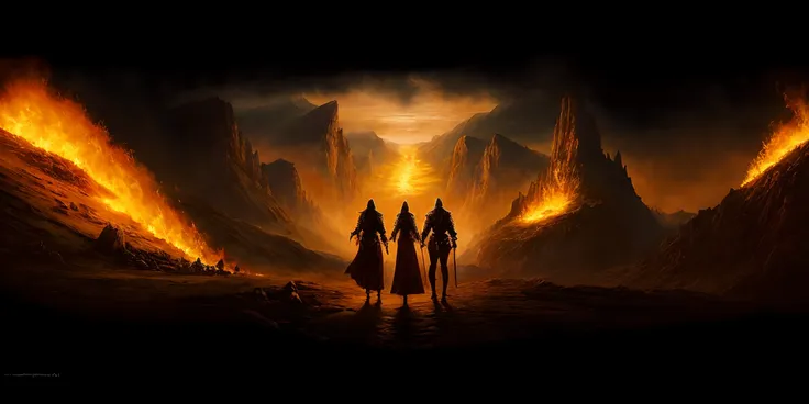 there are two people in front of a mountain full of fire, imagem promocional do filme, arte chave, fantasy epic digital art, hol...