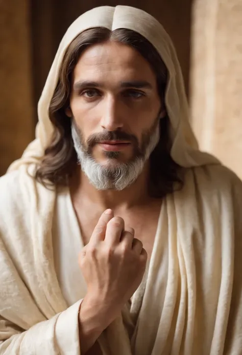 Describe a scene in which God is represented as Jesus, Sentado na frente de um computador digitando no teclado do computador, criando o mundo no fundo da image, Hand of an old man someone touching the shoulder of Jesus