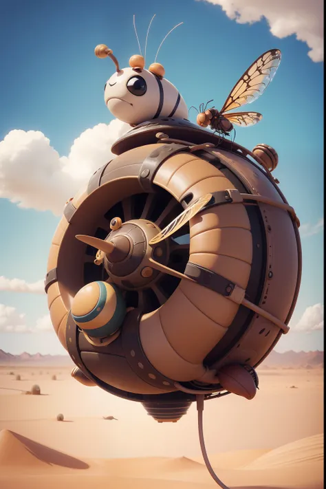 A cheerful and very cheerful huge mechanical snail with dragonfly wings flies in the clouds. Close-up. Super realistic. cinematic. Disney cartoon. Blurred desert background. Light haze.