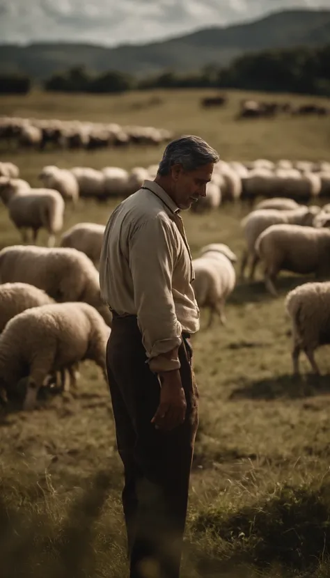 um homem , pastor de ovelhas, your sheep are in the field grazing, ele tem cem ovelhas