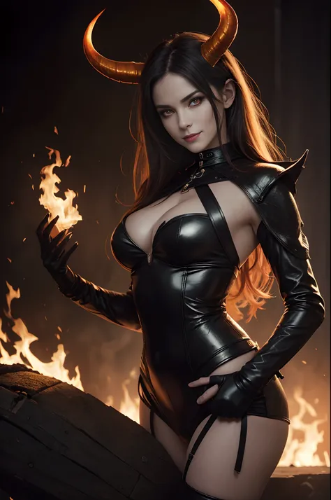 (Beautiful mature female (perfect face) demon), horns, tail, (cruel smile), pale skin, sexy leather clothes, wreathed in fire, (fiery eyes:1.2), perfect proportions, straddling a naked man, temptation, taking your soul, hellscape background, tortured souls...