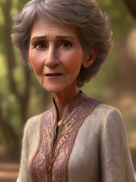 (pixarstyle) a waist-length portrait of a grandmother, natural skin texture, 4k textures, hdr, intricate, highly detailed, sharp focus, cinematic look, hyperdetailed