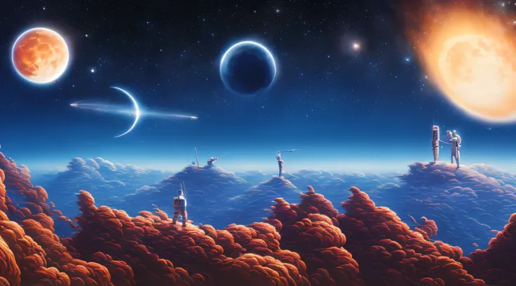 Lost astronaut in Jupiter, epic scene,displaying in the background the moon and other planets and stars, kilian eng vibrant colours, dynamic lighting, digital art, winning award masterpiece, fantastically beautiful, illustration, aesthetically, trending on...