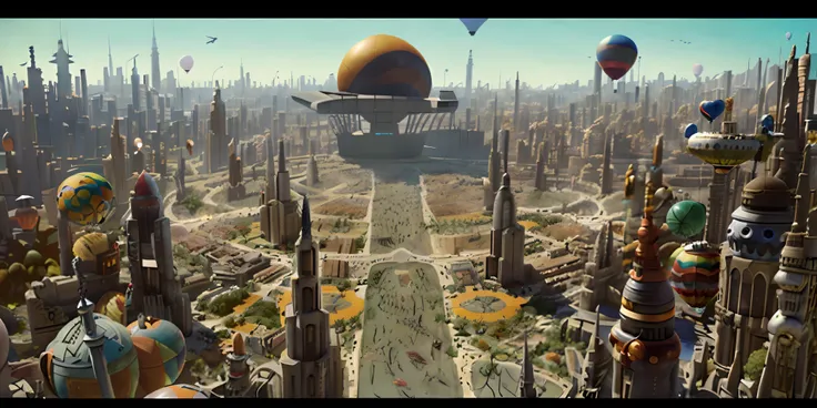 A closeup of a city with many buildings and many balloons, planetary city, enorme futurista temple city, an alien city, Solarpunk Cidade, utopian city, Grande e estruturada Valhalla City, solarpunk metropolis, Ancient Sci - Cidade de Fi-Fi, depicted as a s...