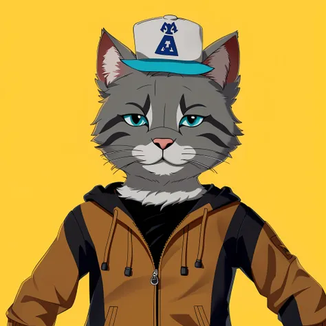 There is a cat wearing a hat and jacket on a yellow background, Retrato de personagem peludo, Fursona usando roupas estilosas, Gatopomorphic Antrum, cat with a hat, um Antro Gato, Antro Gato, ninja of the Gatomorphic Antro, fursona furry art commission, Re...