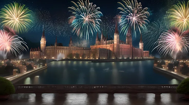 picture of a masterwork display of fireworks (best details, Masterpiece, best quality: 1.5) at night, being reflected in the river (best details, Masterpiece, best quality: 1.5), a massive dark castle background  (best details, Masterpiece, best quality: 1...