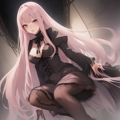 1girl, best quality, exquisite facial features, perfect face, bishoujo, ojousama, {{{grey eyes}}}, straight long pink hair, hime style bangs, lace trim, black gothic, lace pantyhose, sweet smile