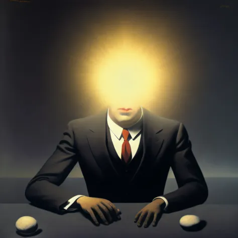 a painting of a man in a suit with a head of genius light