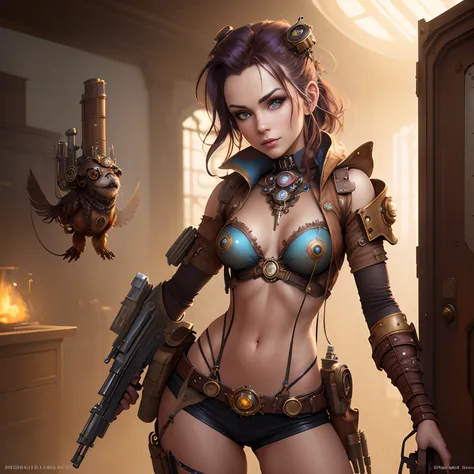 There is 1 girl in a Steam Punk costume standing in a room, American shot, anime Steampunk beautiful girl, (medium chest), (small hips), (looking at camera), thin legs, holding a gun in a threatening way, style steampunk fantasy art, Wojtek FUS, vivid stea...