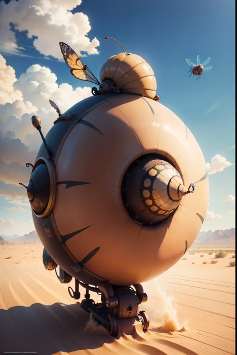 A cheerful and very cheerful huge mechanical snail with dragonfly wings flies in the clouds. a closeup of a. super realistic. Cinematic. Disney cartoon. The desert background is blurred in accelerated motion. Light haze.