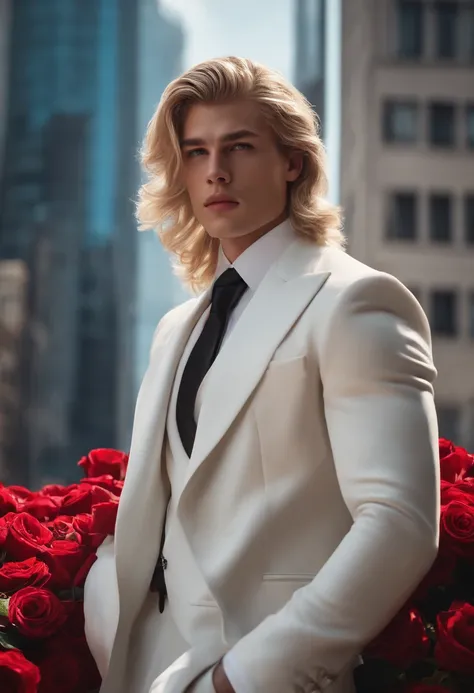 masterpiece, highest quality, (solo focus), (perfect face:1.1), (high detail:1.1), (hyper detailed eyes), dramatic, (1guy:0.5), (pale skin), long blonde hair, ethereal eyes, (light eyebrows), solo, long hair, Jordan Barrett, moon, night, white luxury suit,...