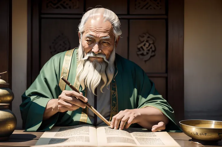 A wise old Chinese sage,tranquil garden setting,flowing robes,wise smile,white beard and hair,ancient wisdom,serene expression,majestic mountain scenery,radiating wisdom and knowledge,calligraphy brush strokes,paper texture, aged parchment look,beautiful h...