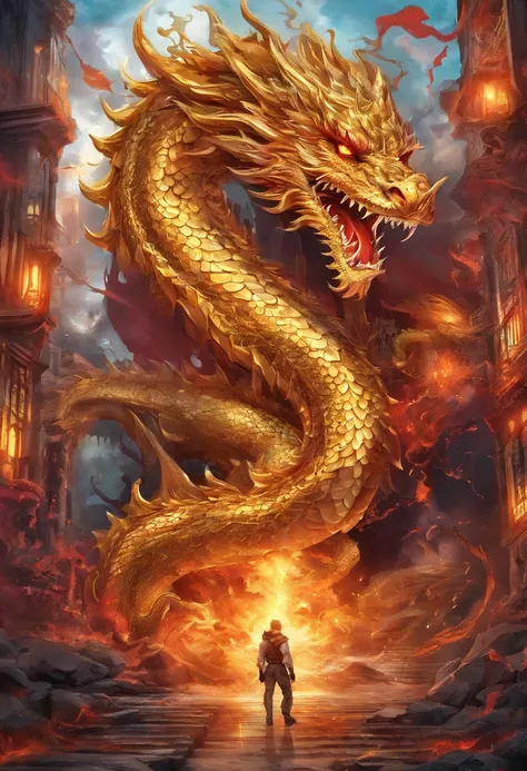 (Golden heavenly dragon) com (olhos vermelhos penetrantes),Close-up soltando (Fogo de Sangue) pelo nariz,EscInfelizmente bulumétricas,alta qualidade,8k,Muitos detalhes,Fire Paticulas,Infelizmente,4 pernas,Garra manchada,ouro,perigo,Fogo,Dentes afiados,Gian...