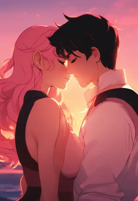 anime couple with cat ears and tail hugging in front of a sunset, high quality fanart, nick silva and ilya kuvshinov, jazza and rossdraws, official fanart, sailor moon!!!!!!!!, kissing together cutely, commission for high res, Fanart ", arm around her neck...