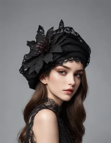 A pretty and very elegant girl wearing a toque cap decorated with large black lace flowers. Her entire face is covered in lace. She wears a loose black lace cocktail dress that hangs over her shoulders. Her skin is very shiny.
Her arms are folded and the f...