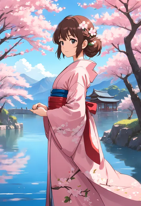 Anime girl wearing a pink kimono with cherry blossom print, standing under cherry blossom tree next to a blue lake, by Whisper of the Heart style, serene portrayal