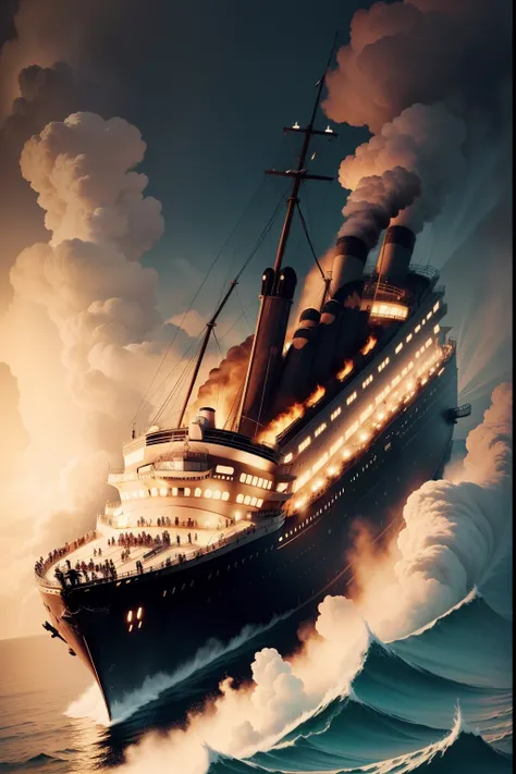 Generate an image that depicts the unrest and chaos aboard the Titanic as the collision with the iceberg causes panic among passengers and crew. Highlight the urgency of the moment.