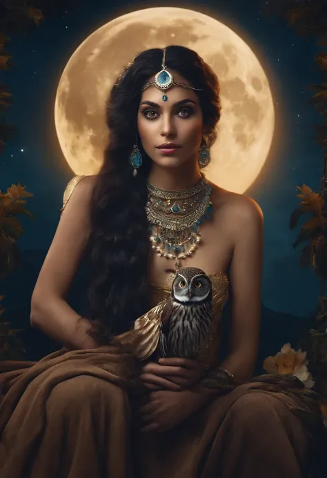 mocho , tree , Noite , lua ;make a photo of a priestess with the moon on her feet at night and with an owl