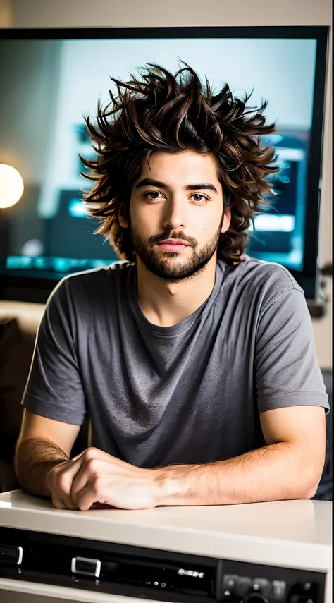 Foto de retrato de um jovem, ele esta deitado em sua cama, roupas desarrumadas, messy hair, barba sem fazer, lazy, em cima da cama existe um controle de videogame, There is a TV in the guard with the game  (cinemactic:1.5), epic realistic, hiperdetalhado, ...