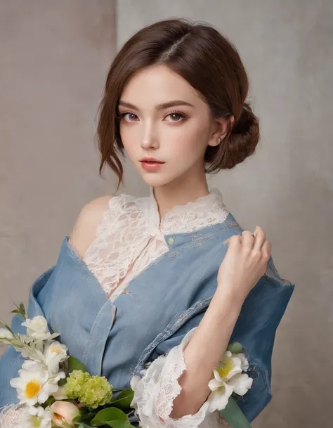 Very pretty, young, beautiful 19 year old girl with big eyes. Her skin is very smooth and beautiful. She is wearing a denim kimono with a lace collar::80 hair short bob. Her hair is brown. The background walls are decorated with colorful flowers. She is po...