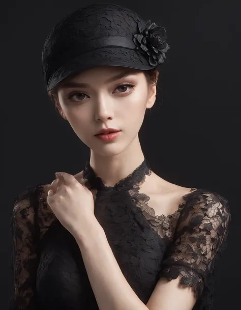 Pretty and very elegant girl wearing a talk cap decorated with big black lace flowers. Her entire face is covered with lace. She wears a loose-fitting black lace cocktail dress that hangs over her shoulders. Her skin is very shiny.
Her arms are folded、The ...