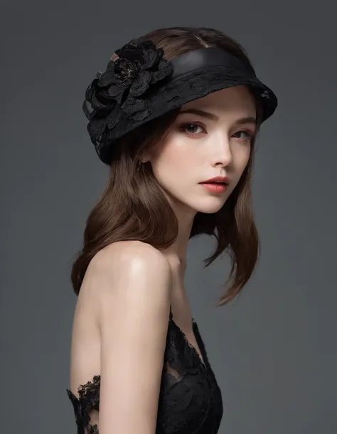 Pretty and very elegant girl wearing a talk cap decorated with big black lace flowers. Her entire face is covered with lace. She wears a loose-fitting black lace cocktail dress that hangs over her shoulders. Her skin is very shiny.
Her arms are folded、The ...