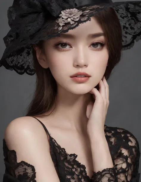 Pretty and very elegant girl wearing a talk cap decorated with big black lace flowers. Her entire face is covered with lace. She wears a loose-fitting black lace cocktail dress that hangs over her shoulders. Her skin is very shiny.
Her arms are folded、The ...