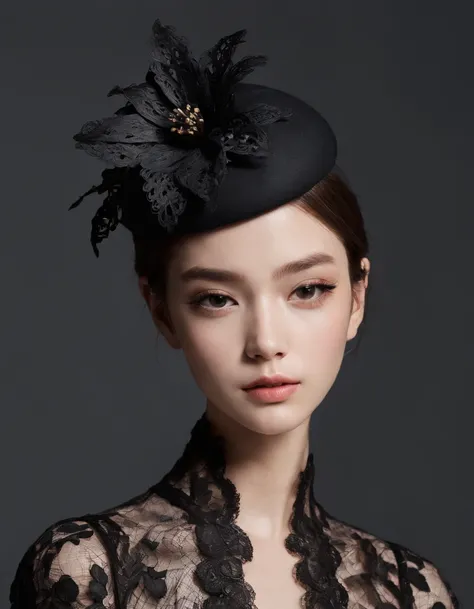 Pretty and very elegant girl wearing a talk cap decorated with big black lace flowers. Her entire face is covered with lace. She wears a loose-fitting black lace cocktail dress that hangs over her shoulders. Her skin is very shiny.
Her arms are folded、The ...