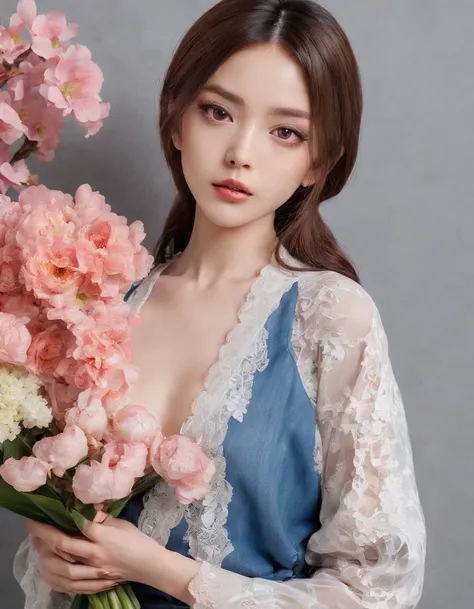 Very pretty, 年轻, Beautiful 19 year old girl with big eyes. Her skin is very smooth and beautiful. She wears a denim kimono with a lace collar::80 Hair Short Bob. Her hair is brown. The background wall is decorated with colorful flowers. She poses diagonall...