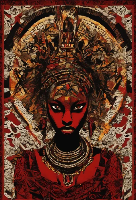 Yansa (female African goddess), stunning face, red and black clothes, storming and hard wind effects, Paul Klee style, surreal masterpiece, octane rendering, focus, colorful background, detailed, intricate details, rich colors