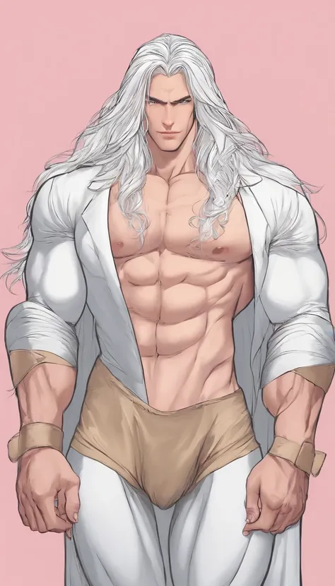 Homem musculoso usando calcinha rosa fofa e meias de coxa, has long flowing white hair, tem orelhas de lobo, tem cauda de lobo, usando lingerie, suado, It stands alone, sozinho, bulge in crotch bulge+,  huge bulge, coxas extremamente grossas,  bunda grande...