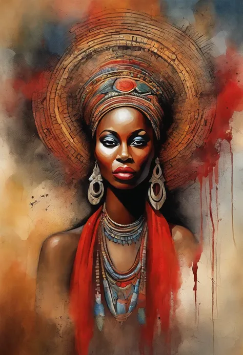 Yansa (female African goddess), stunning face, red and black clothes, storming and hard wind effects, Paul Klee style, surreal masterpiece, octane rendering, focus, colorful background, detailed, intricate details, rich colors