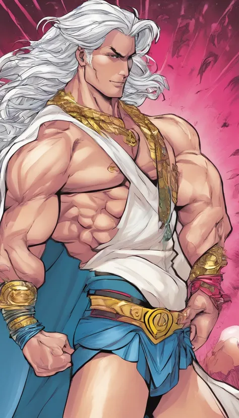 Homem musculoso usando calcinha rosa fofa e meias de coxa, has long flowing white hair, tem orelhas de lobo, tem cauda de lobo, usando lingerie, suado, It stands alone, sozinho, bulge in crotch bulge+,  huge bulge, coxas extremamente grossas,  bunda grande...