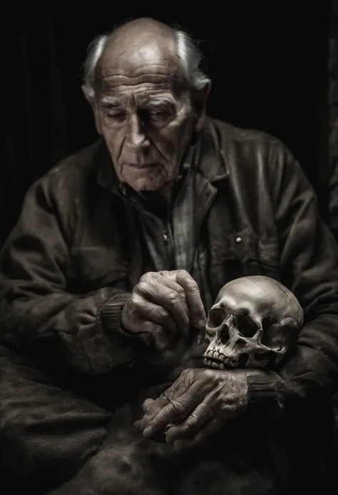 Muscular elderly man with a skull in his hands, vestes refinadas, olhar sereno, fundo escuro, melancolia, estoicismo