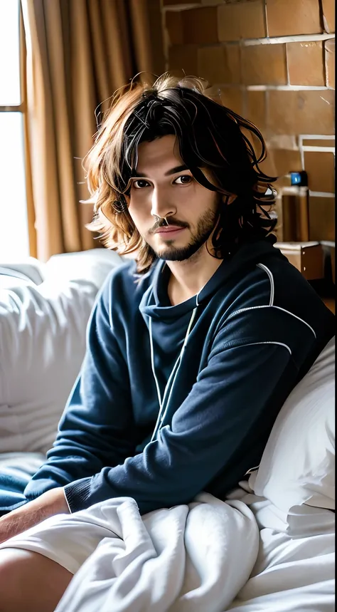 Foto de retrato de um jovem, ele esta deitado em sua cama, roupas desarrumadas, messy hair, barba sem fazer, LAZY, em cima da cama existe um controle de videogame, There is a TV on guard with the game  (cinemactic:1.5), epic realistic, hiperdetalhado, deta...