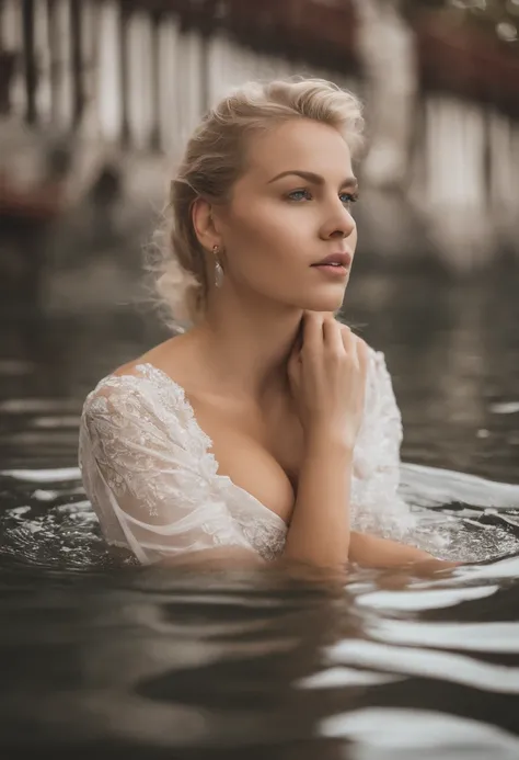 Sexy blonder Teenager schwebt in der Luft，Showing a frightened expression on your face，big boobs，Sexy transparenter schwarzer Badeanzug，Auf dem Boden befand sich ein eisernes Becken, which was filled with white manure，Ganzkörperesbian