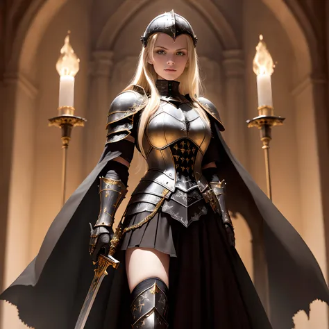 ((American photo)), young woman in black gothic knight armor with gold trim, helmet, micro skirt, small tattoo on thigh, blonde, beautiful, in a castle, solemnly holding a large sword, high details, realistic, light of hero, fire background, cinematic colo...